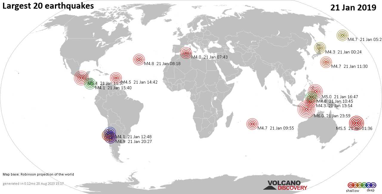 List and maps of the 20 largest earthquakes on Monday, 21 Jan 2019 / VolcanoDiscovery