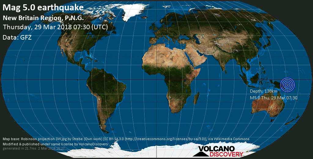 Moderate mag. 5.0 earthquake - New Britain Region, P.N.G. on Thursday, 29 March 2018