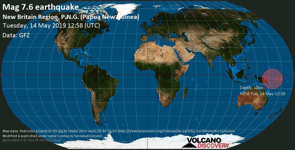 Major mag. 7.6 earthquake  - New Britain Region, P.N.G. (Papua New Guinea) on Tuesday, 14 May 2019