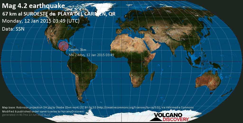 Light mag. 4.2 earthquake  - 67 km al SUROESTE de  PLAYA DEL CARMEN, QR on Monday, 12 January 2015