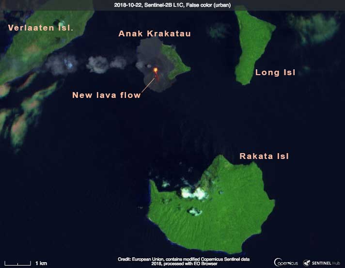 Anak Krakatau volcano Sunda Strait, Indonesia: activity increases, new lava flow 