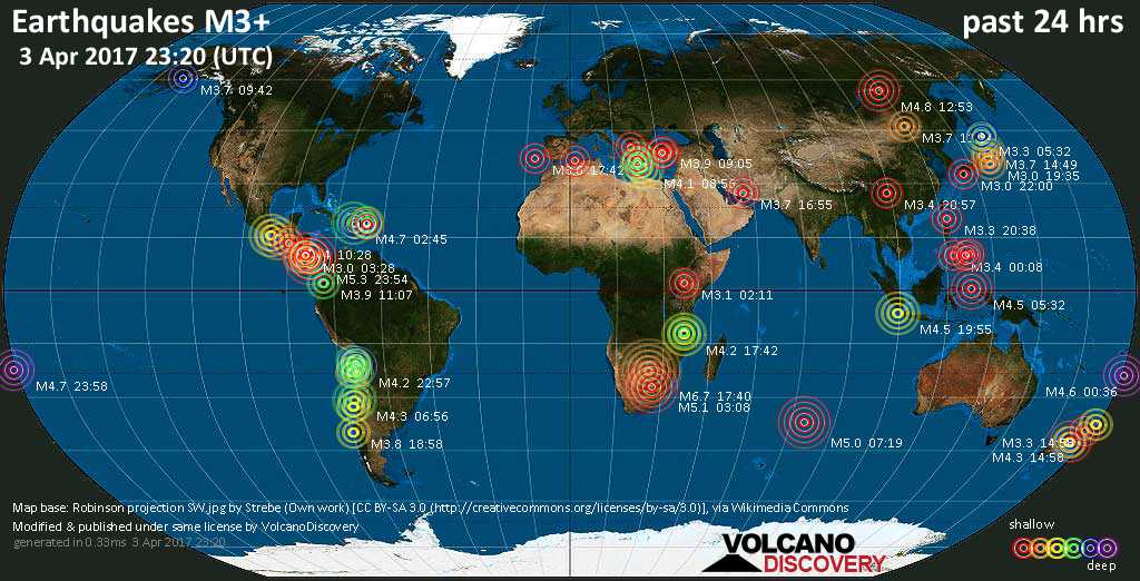 Earthquake Report World Wide For Monday 3 Apr 2017