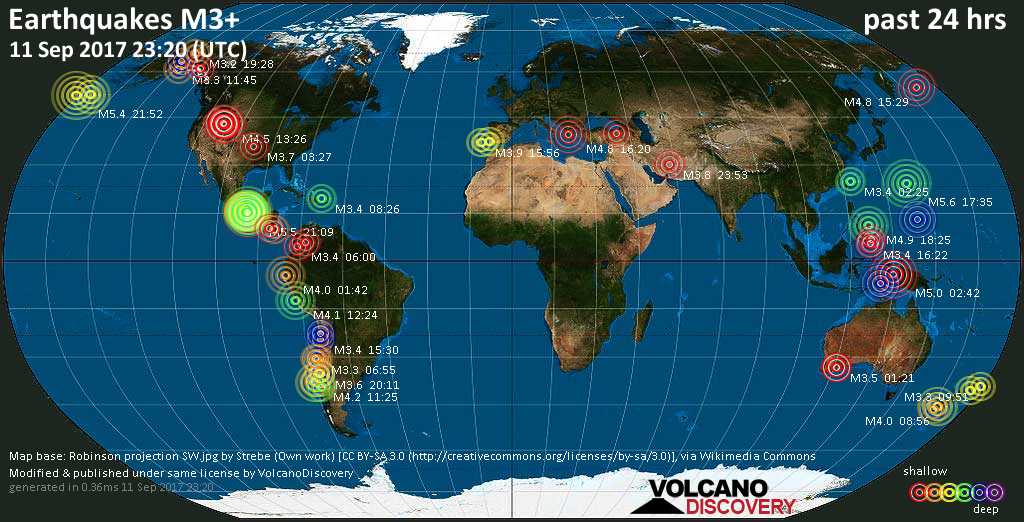 Earthquake Report World Wide For Monday 11 Sep 2017