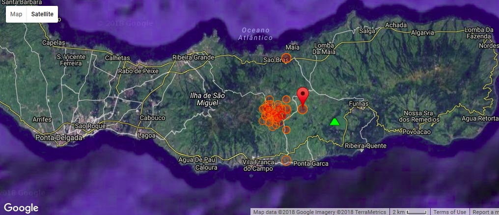 Location of the past days' earthquakes on Sao Miguel island